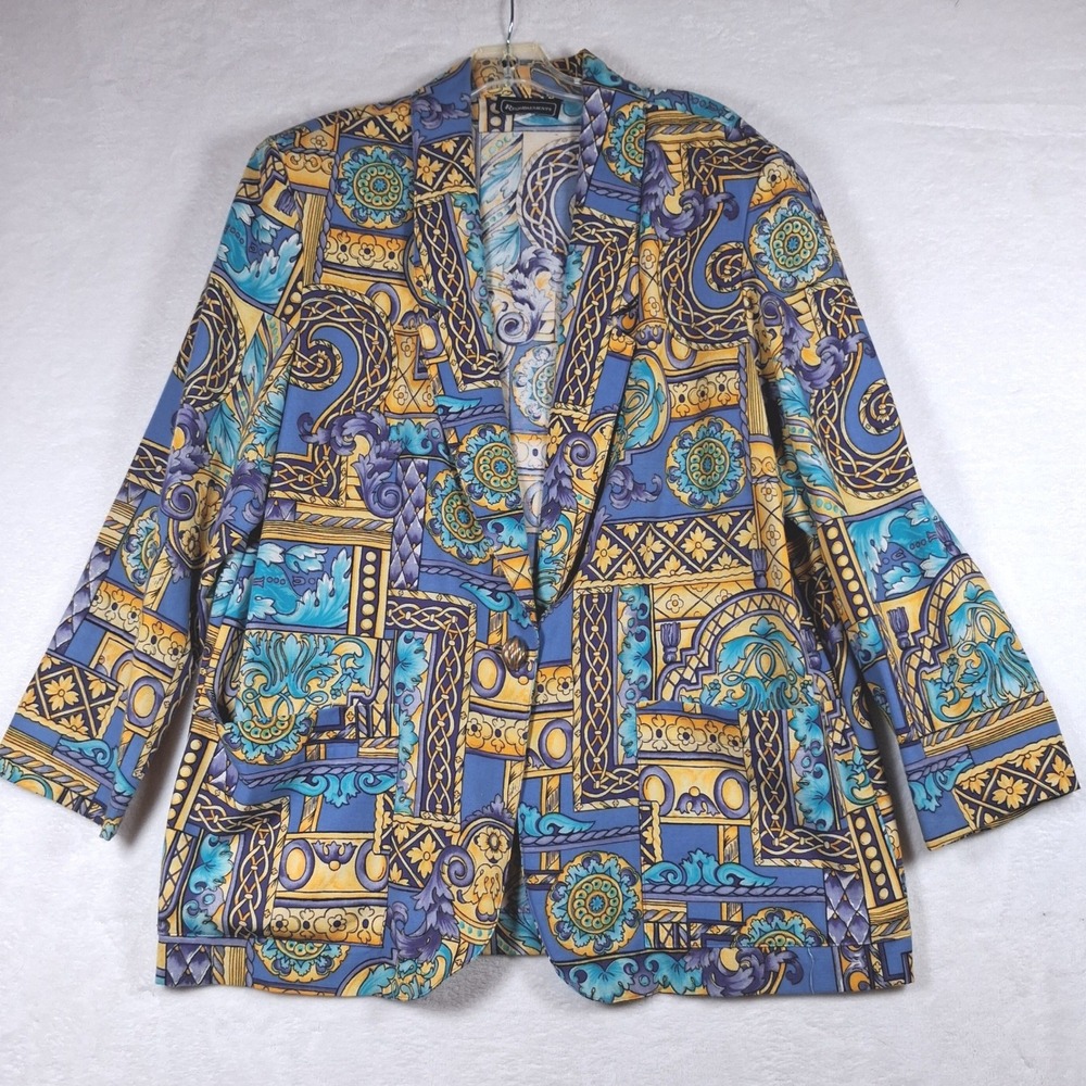 Vintage Requirements Blue Yellow Baroque Print Blazer Jacket Size 16 Made in USA
